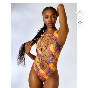 Vibrant Floral Lace-Up Swimsuit